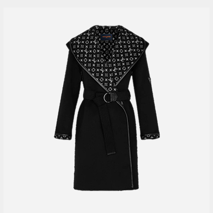 lv louis vuitton monogram lined wrap hooded wool silk blend long coat